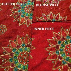 Red Net & Taffeta George Wrapper with Green Floral Accent 3 Piece, 6 Yards Total